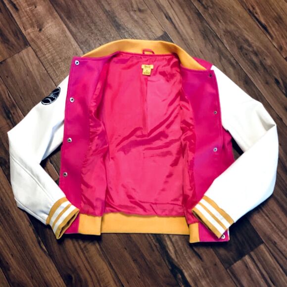 Daisy Women's Varsity Patch Casual Bomber Jacket in Pink/Multi  XL - Picture 2 of 9